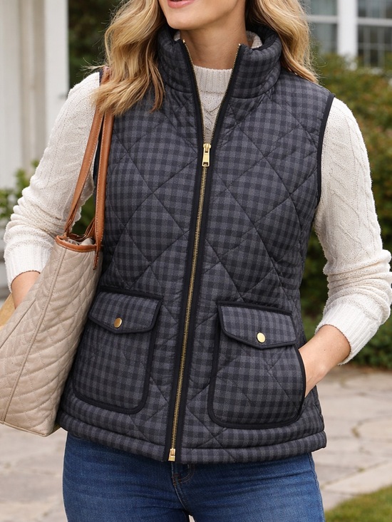 J. Crew Jackets & Blazers - J. Crew Ladies Black / Gray Gingham Plaid Quilted Puffer Vest size Small